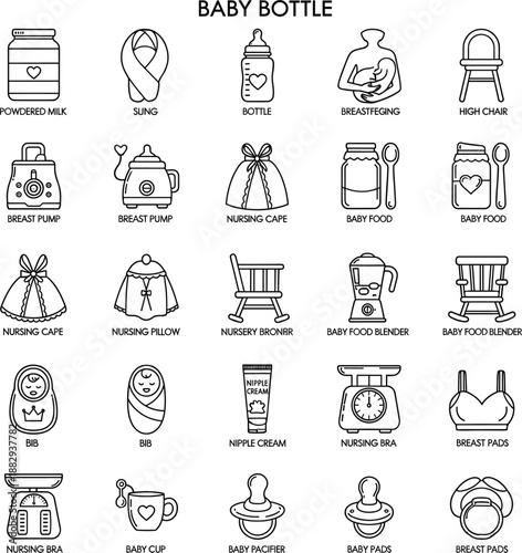 Professional line icons for infant care featuring baby bottles breast pumps nursing pillows and newborn feeding essentials.