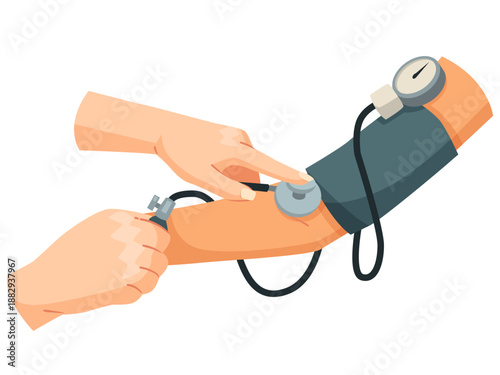 Healthcare concept showing doctor checking blood pressure with cuff and stethoscope on patient arm, flat style, isolated on white. Vector illustration