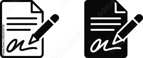 A clear illustration of an outline and solid icon for a signed document and a pen