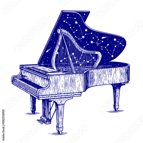 Elegant woodcut style grand piano with constellation strings illustration representing cosmic music celestial harmony universal symphony and astronomical star compositions