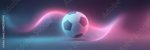 Soccer ball on dark surface with vibrant pink and blue neon light waves creating energetic and futuristic background, representing sport and dynamism
