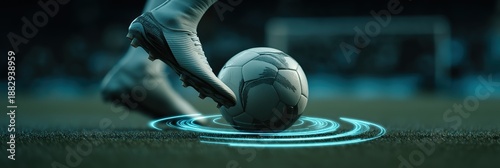 Soccer player foot in cleat kicking football on green grass field with futuristic blue glowing digital effect, game in progress