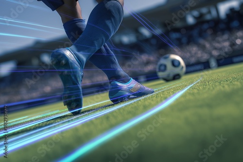 Soccer player's foots in blue cleat on green field with soccer ball and digital light trail. Blurred stadium in background