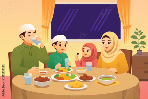 Muslim Family Breaking Fast Together at Home During Ramadan Flat Vector Illustration