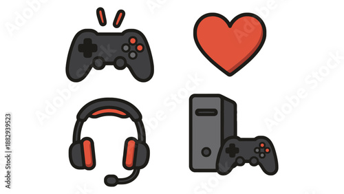 A colorful illustration of gaming accessories and a heart on a white background