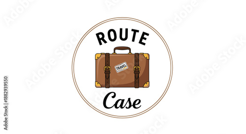Brown Suitcase with Label in Circle Logo.