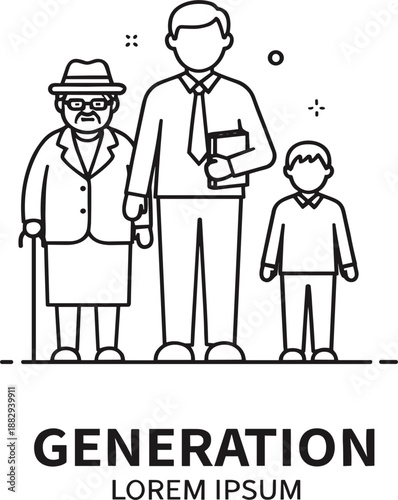 Professional line art illustration of human generations featuring an elderly woman a businessman and a young child.
