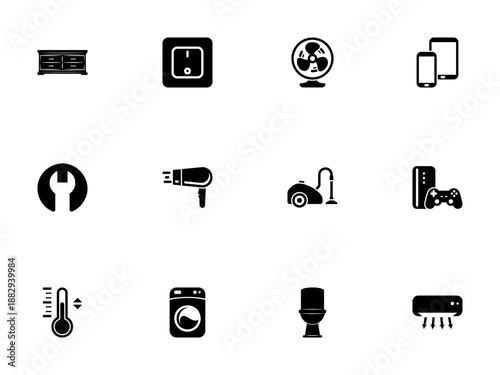 Collection of Black Solid Icons for Household Appliances