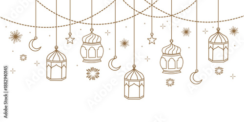 illustration of islamic lantern hanging line art decoration.crescent and star decoration.lantern hanging horizontal border frame banner design. islamic greeting card or poster design decoration.