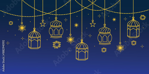 illustration of islamic lantern hanging line art decoration.crescent and star decoration.lantern hanging horizontal border frame banner design. islamic greeting card or poster design decoration.