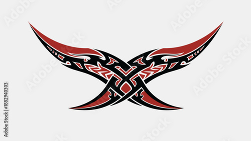 Tribal Tattoo Design with Red Accents and Intricate Patterns.