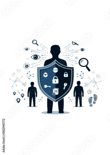 Data Privacy and Cyber Security Silhouette, Person Shielded from Digital Surveillance, Personal Privacy Rights and Encryption Concept Vector