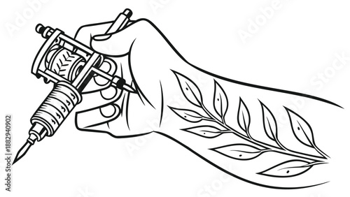 Tattoo Artist Hand Line Art Tattoo Machine Black and White Illustration