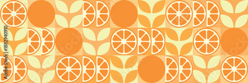 Tropical fruits: orange, leaves, and slices. Abstract geometric background. Set of vector icons in a simple, flat, minimalist style.