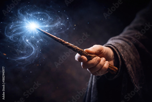Magic wand casting spell with blue glowing light