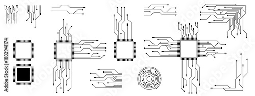 Simple microchip and connections. Abstract Circuit board set. Line microchip. Innovative Electronic chip and microcircuit collection. Circle and square motherboard. Vector illustration