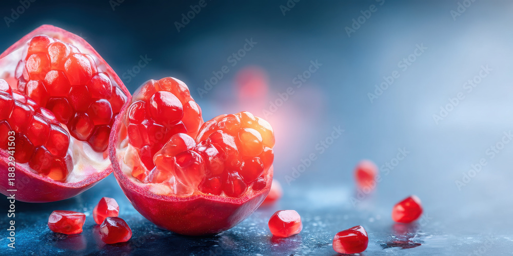 Fototapeta premium Pomegranate seed close up macro shot with glowing red juicy fruit on blue surface