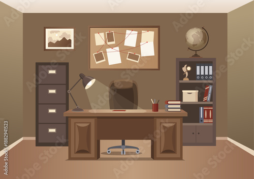 Detective office interior. Crime and criminal evidence. Wall board, wits and deduction system. Vector flat style cartoon illustration isolated on white background