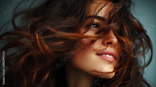 portrait of a young woman with long, wavy hair flowing naturally, for hair shampoo-conditioner advertising. Concept: Hair care beauty, shampoo-conditioner promotion, healthy hair, freshness, natural c