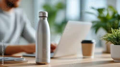 Wallpaper Mural A man is sitting at a desk with a laptop and a water bottle Torontodigital.ca