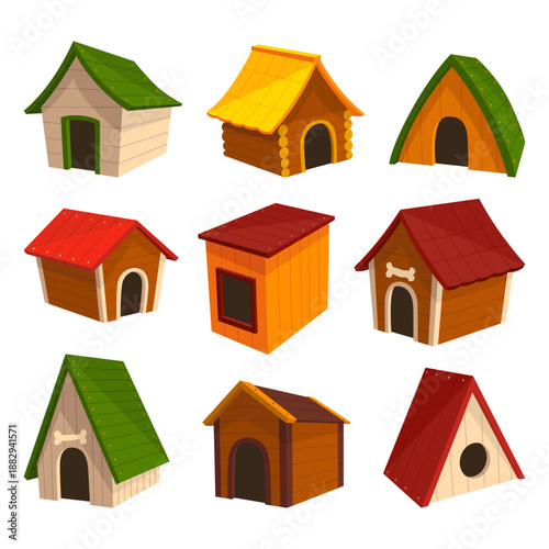 Dog house icon set. Cartoon pet accessory. Petshop supermarket item. Empty pet home with roof. House for domestic animal. Isolated flat vector illustration