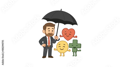 Man in suit shields cheerful abstract figures under umbrella, symbolizing protection and care.