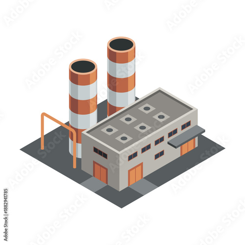 Isometric factory. Concept of industrial plant with chimney tower or pipes. Industrial bulding. 3d isolated icon. Architecture of manufacture house