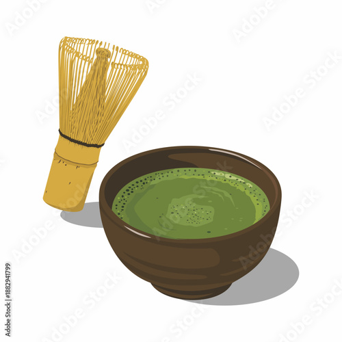 Japanese Matcha Green Tea Vector Illustration Isolated. Matcha Bowl and Whisk Illustration Vector