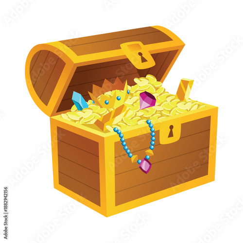 Treasure gold coins. Chest full of shiny royal gold and gemstones. Gold treasure, shiny savings, golden coins isolated on white background. Vector cartoon icon