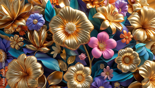 Luxurious 3d metal gold, pink and purple flower pattern wallpaper background.