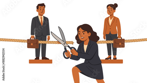 A woman in business attire cuts a rope separating a man and woman on a tightrope