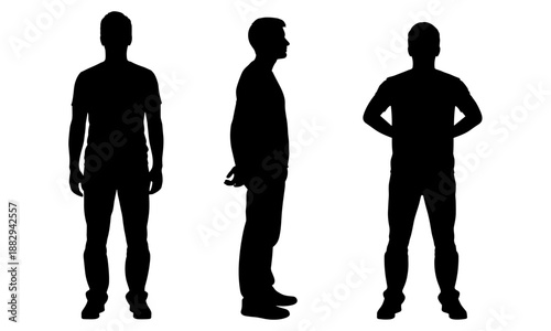 Male silhouette vector illustration, standing man front side back view, black white human outline, people figure icon, posture reference design.ai