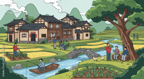 vector of Chinese village life illustration, traditional houses and daily activities