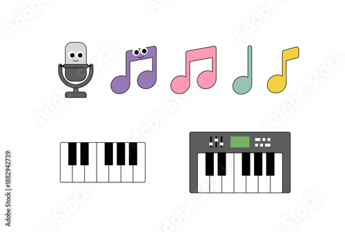 Musical instruments and notes icons for music lessons