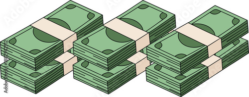Isometric stacks of paper money bundles illustrating wealth, finance, cash flow, investment, savings, income growth, banking, business success, and economic prosperity concept