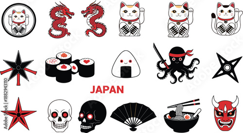 Japanese culture icon set with maneki neko dragons sushi ninja skulls masks and traditional Japan symbols illustration