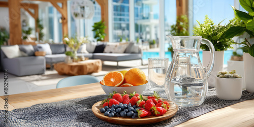 Fresh fruit bowl with strawberries blueberries and oranges on table with water jug