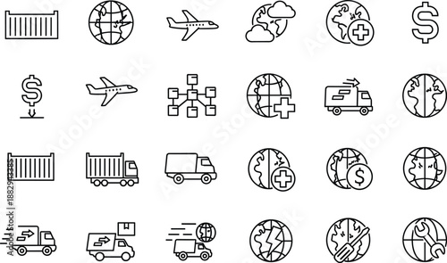 Global logistics and transportation line icon set with shipping containers planes trucks finance and worldwide delivery symbols