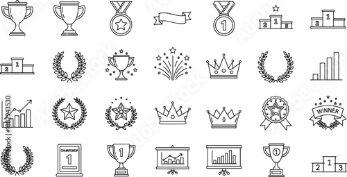 Awards and achievement line icon set with trophies medals crowns charts and winner symbols for success concepts