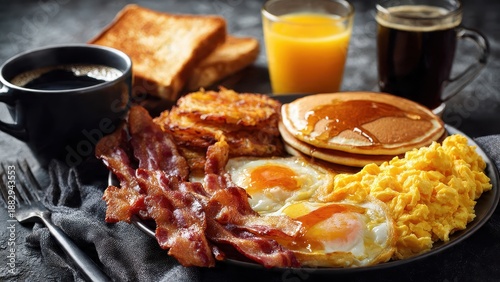 American breakfast with scrambled eggs, crispy bacon, golden pancakes with maple syrup, hash browns, buttered toast, a cup of black coffee, and a glass of orange juice
