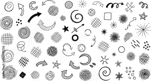 Abstract hand drawn doodle shapes and arrows collection with scribbles spirals stars and sketchy decorative elements