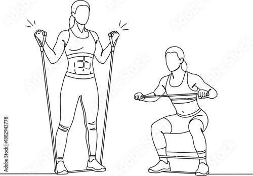 Line art illustration showing two women performing distinct strength training exercises utilizing resistance bands for a full body workout routine