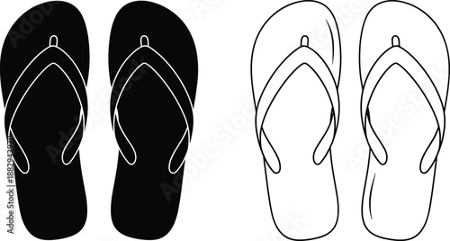 Flip flops vector illustration, summer sandals top view, black white footwear outline, beach casual shoes flat design template, mockup icon