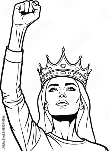 Powerful black and white illustration of a crowned queen raising her fist in a symbol of female empowerment and solidarity against a blank background