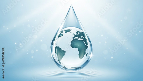 Globe inside a water droplet with ripples on a blue background with white highlights and splashes