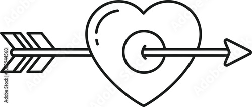 Simple black outline icon depicting cupid's arrow piercing directly through the center of a heart shape symbolizing true love and affection