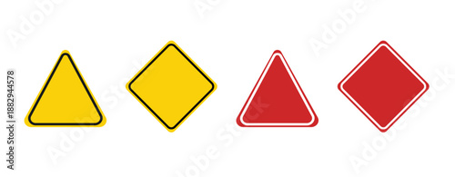 Warning and caution sign shape set. Yellow and red triangle and diamond symbols. Safety alert blank signage design elements. Road sign placeholder icons for banners and layouts. Vector illustration