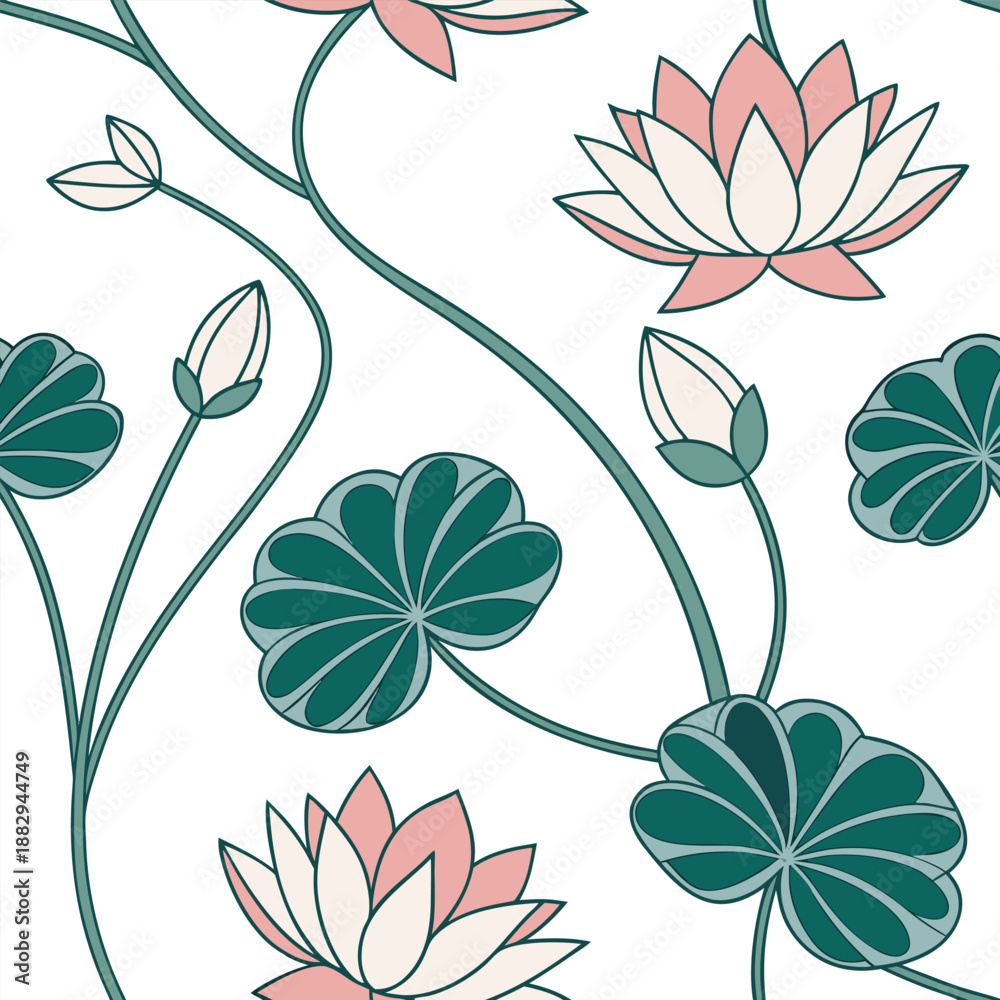 Obraz premium Elegant pink lotus flower and leaf seamless pattern vector illustration for wallpaper textile and background design