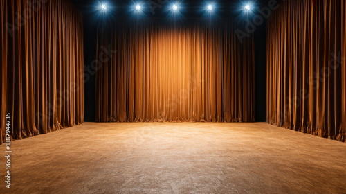 Award Season Vibes Empty theater stage with golden brown velvet curtains illuminated by bright spotlights Brit Awards Music Awards Celebration Theme