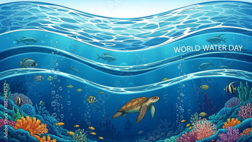 Vibrant ocean scene with sea turtle coral reef fish and world water day message celebrating marine life and conservation